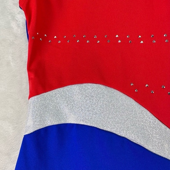 NWT Girls Red Blue Rhinestone Silver Wave Colorblock Tank Biketard Leotard XL 14 - Picture 6 of 10